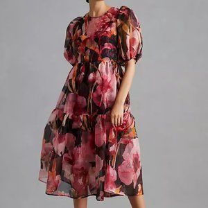 Anthropologie Puff-Sleeve Floral Organza Midi Dress